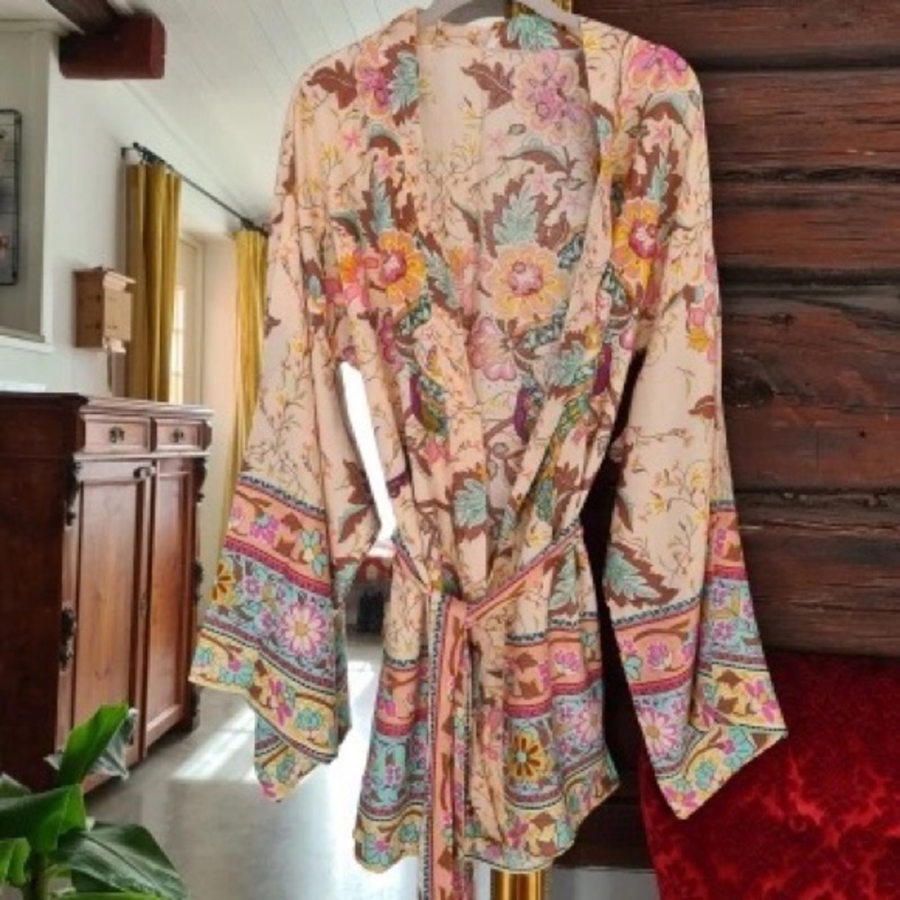 Boho bikini cover up top kimono gypsy style floral wide sleeve peacock - Picture 4 of 6